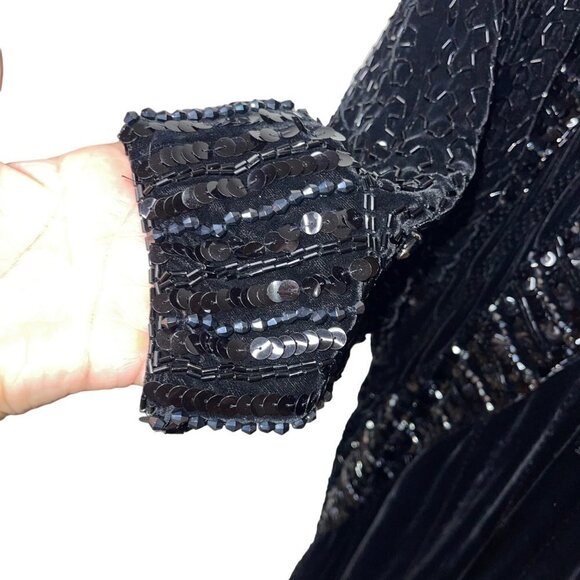 Vintage Womens Dress Size XL Black Velvet Beaded Sequin Maxi Dolman Sleeve - Picture 7 of 11